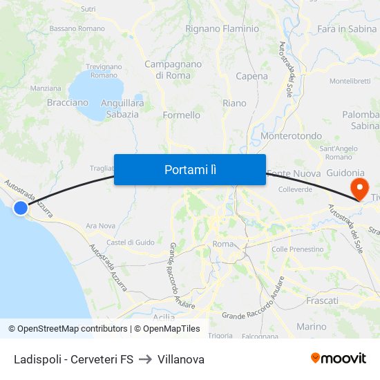 Ladispoli - Cerveteri FS to Villanova map