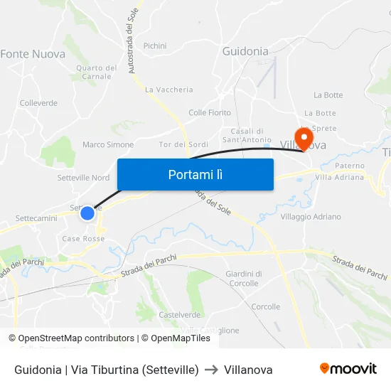 Guidonia | Via Tiburtina (Setteville) to Villanova map