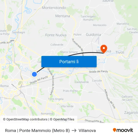 Roma | Ponte Mammolo (Metro B) to Villanova map