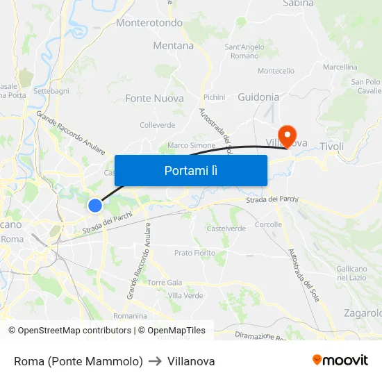 Roma (Ponte Mammolo) to Villanova map