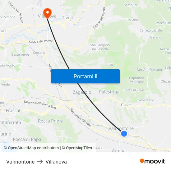 Valmontone to Villanova map