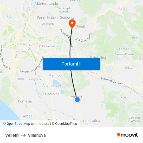 Velletri to Villanova map