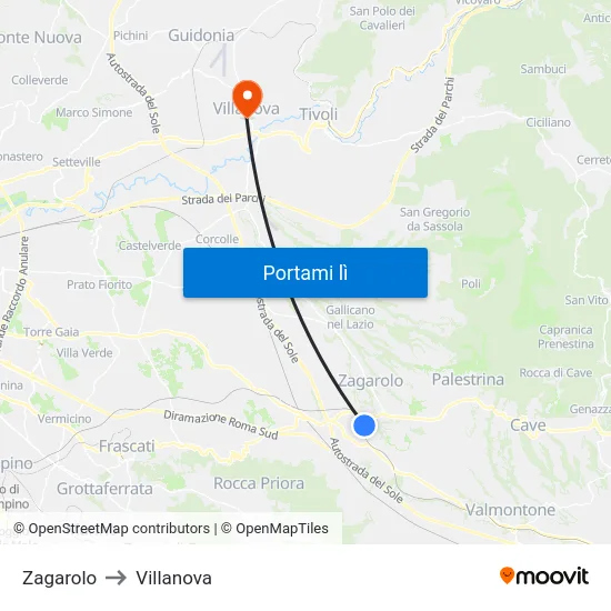 Zagarolo to Villanova map