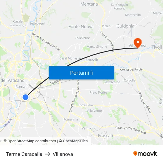 Terme Caracalla to Villanova map