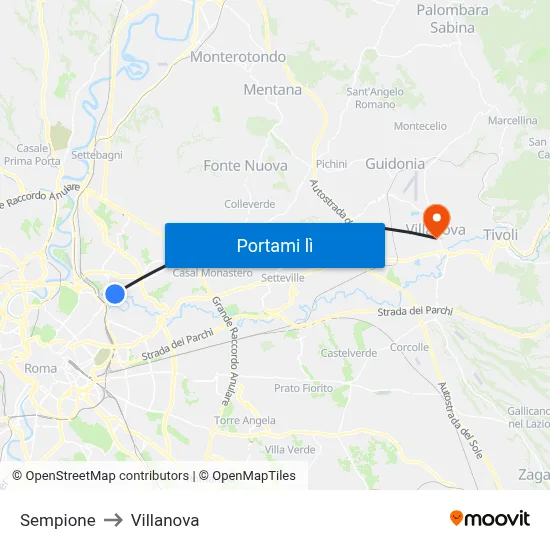 Sempione to Villanova map