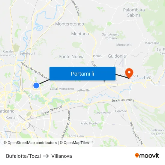 Bufalotta/Tozzi to Villanova map
