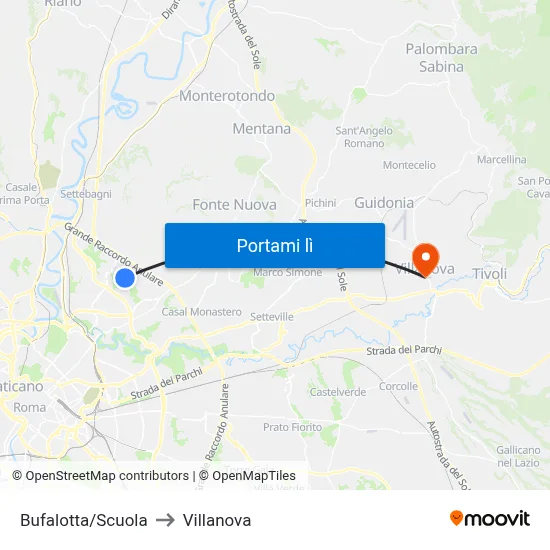Bufalotta/Scuola to Villanova map