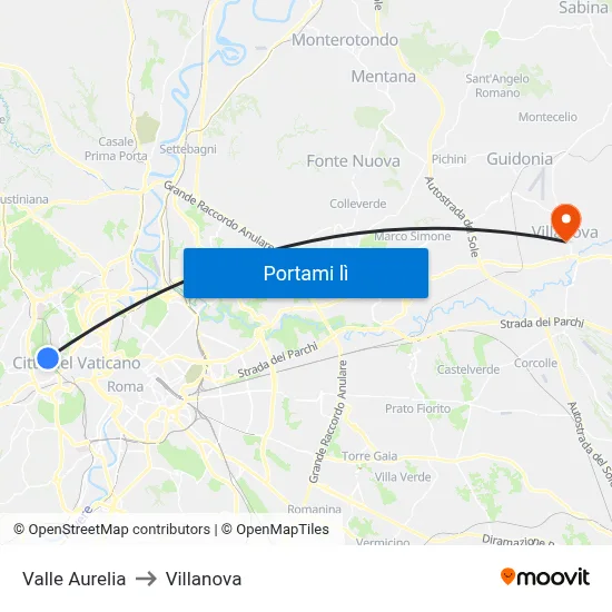 Valle Aurelia to Villanova map