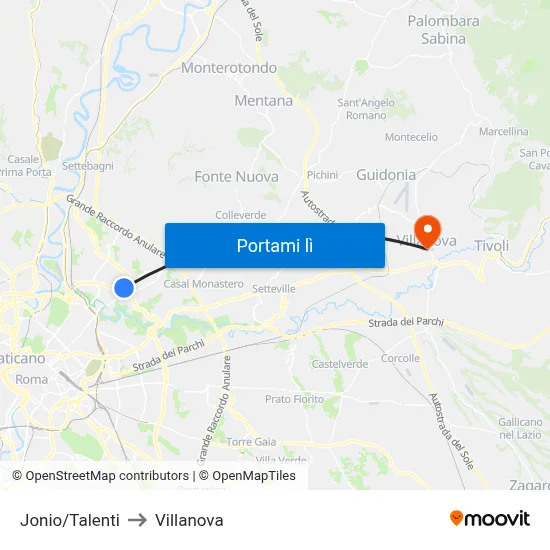 Jonio/Talenti to Villanova map