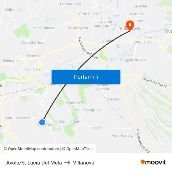 Avola/S. Lucia Del Mela to Villanova map