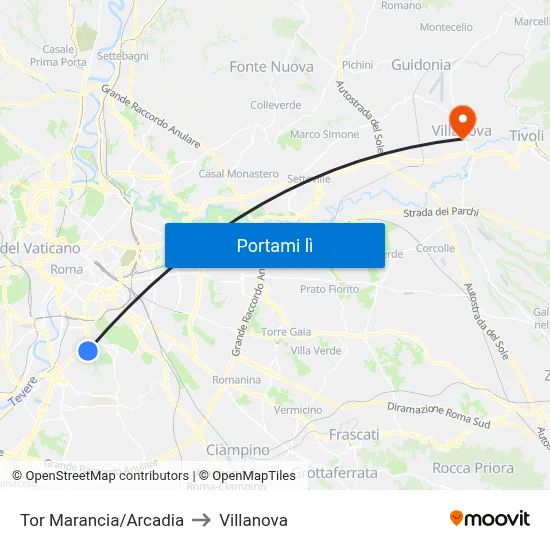 Tor Marancia/Arcadia to Villanova map