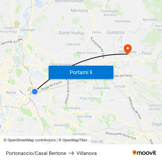 Portonaccio/Casal Bertone to Villanova map
