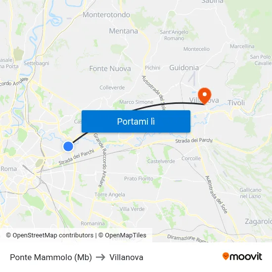 Ponte Mammolo (Mb) to Villanova map