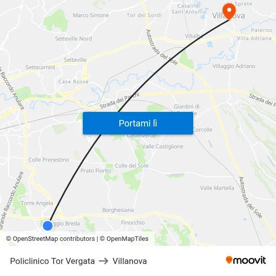 Policlinico Tor Vergata to Villanova map