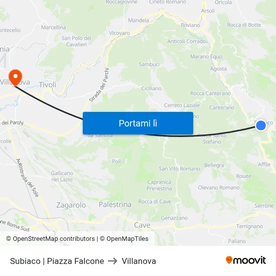 Subiaco | Piazza Falcone to Villanova map