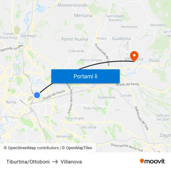 Tiburtina/Ottoboni to Villanova map