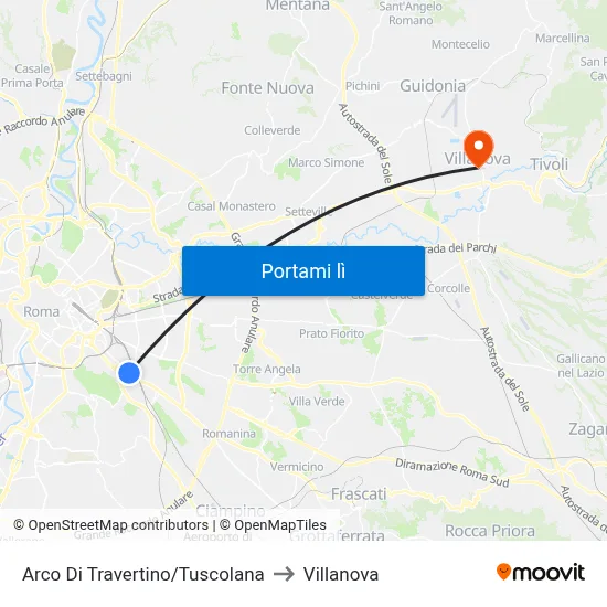 Arco Di Travertino/Tuscolana to Villanova map