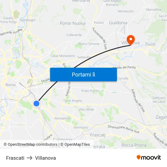 Frascati to Villanova map