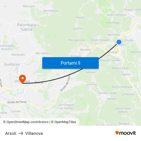 Arsoli to Villanova map