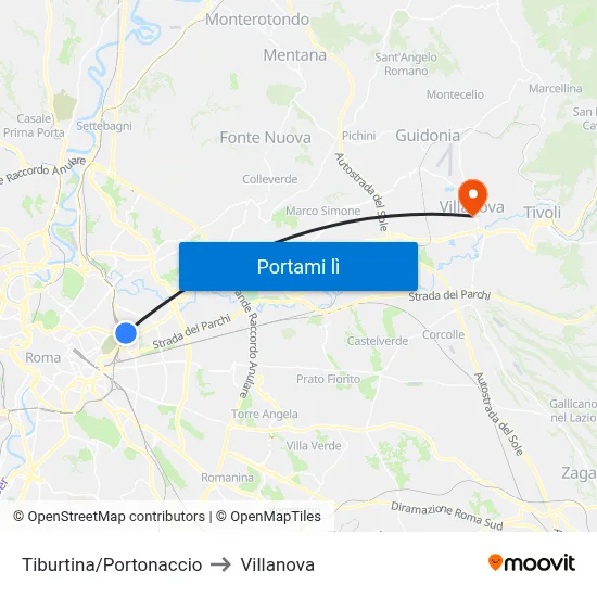 Tiburtina/Portonaccio to Villanova map