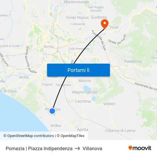Pomezia | Piazza Indipendenza to Villanova map
