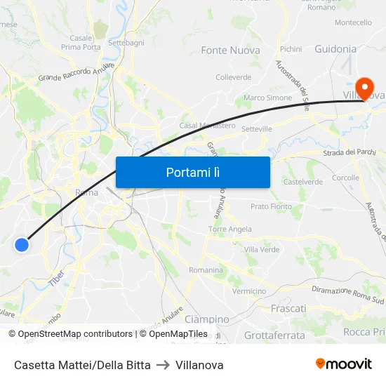 Casetta Mattei/Della Bitta to Villanova map