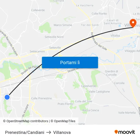 Prenestina/Candiani to Villanova map