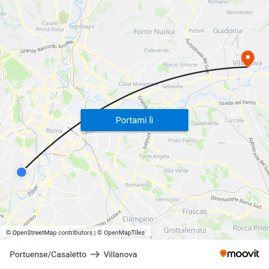 Portuense/Casaletto to Villanova map