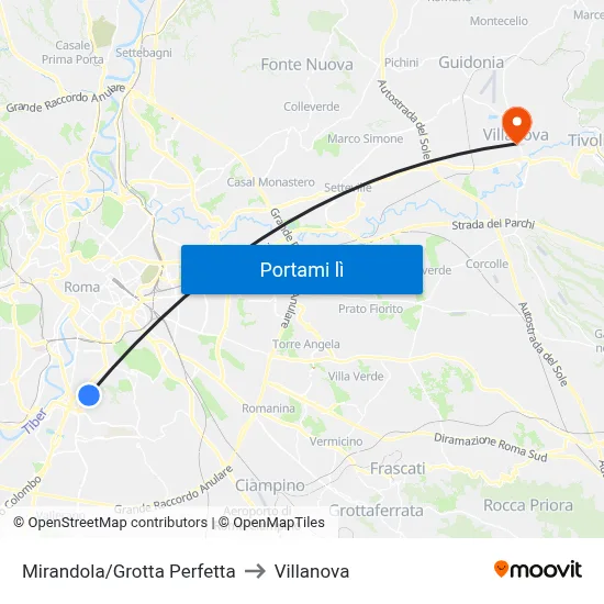 Mirandola/Grotta Perfetta to Villanova map