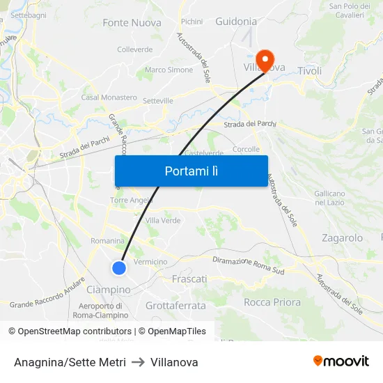 Anagnina/Sette Metri to Villanova map