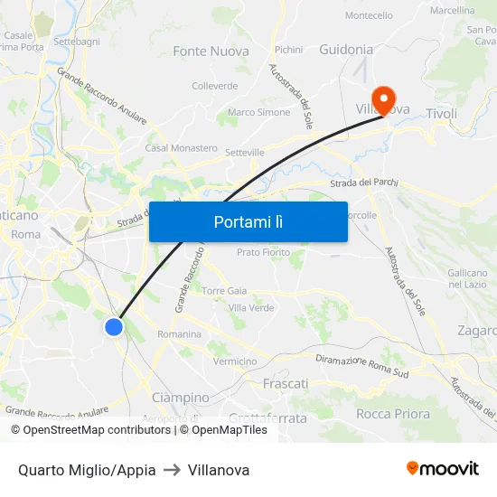 Quarto Miglio/Appia to Villanova map