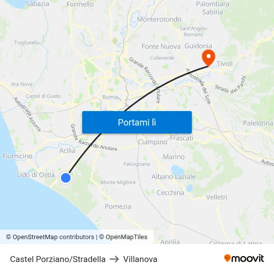Castel Porziano/Stradella to Villanova map