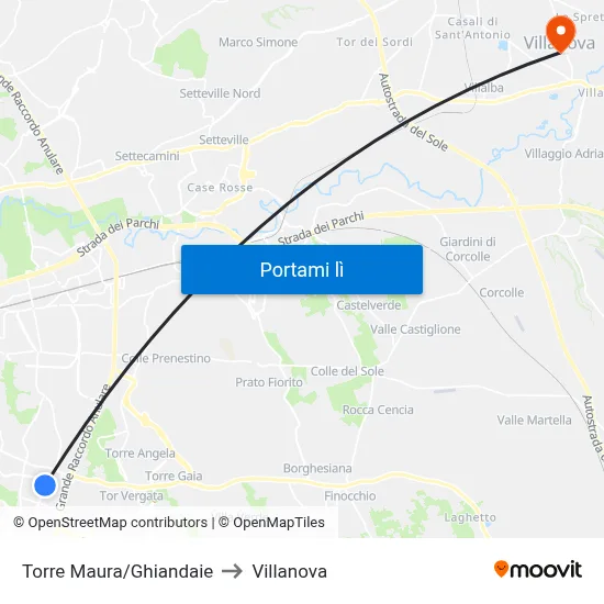 Torre Maura/Ghiandaie to Villanova map