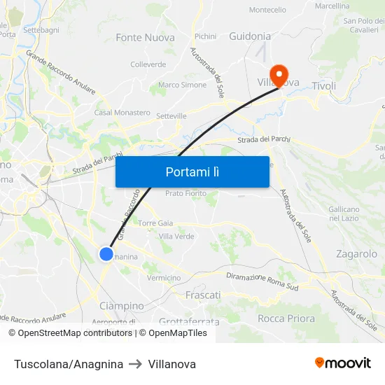 Tuscolana/Anagnina to Villanova map