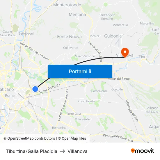 Tiburtina/Galla Placidia to Villanova map