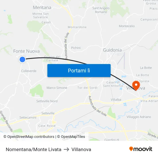 Nomentana/Monte Livata to Villanova map
