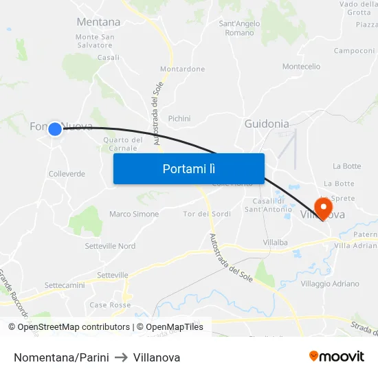 Nomentana/Parini to Villanova map