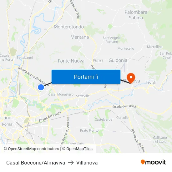 Casal Boccone/Almaviva to Villanova map