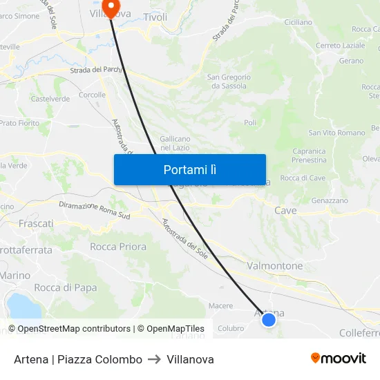 Artena | Piazza Colombo to Villanova map