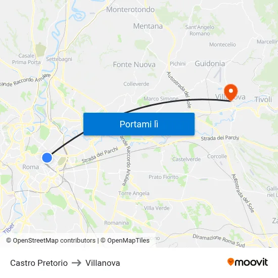 Castro Pretorio to Villanova map