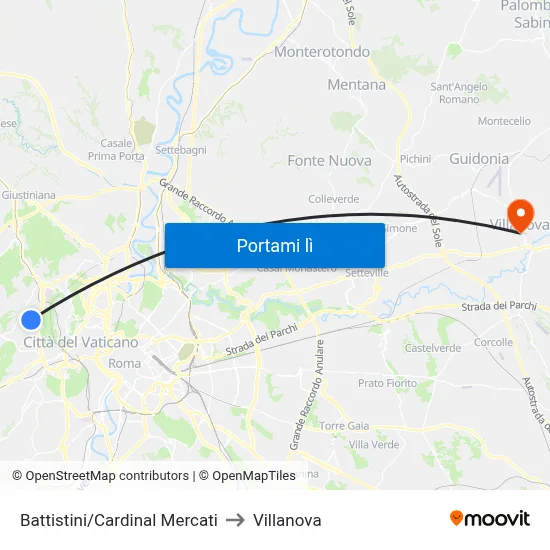 Battistini/Cardinal Mercati to Villanova map