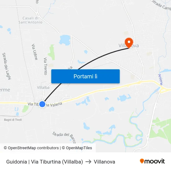 Guidonia | Via Tiburtina (Villalba) to Villanova map