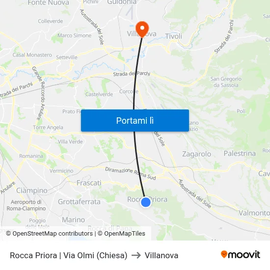 Rocca Priora | Via Olmi (Chiesa) to Villanova map