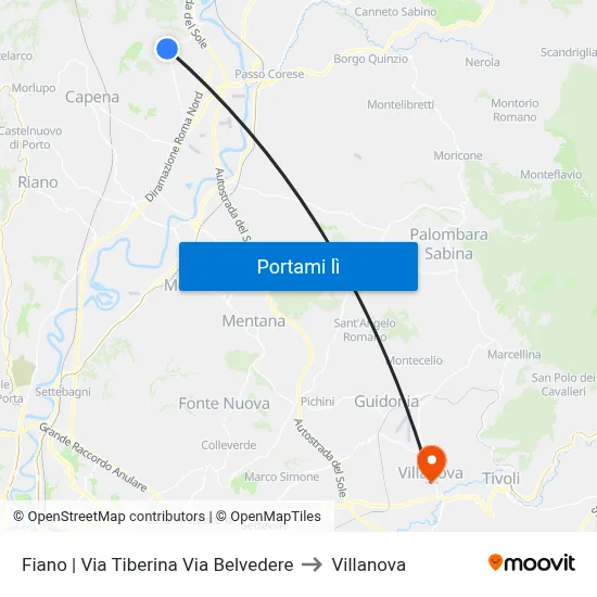Fiano | Via Tiberina Via Belvedere to Villanova map