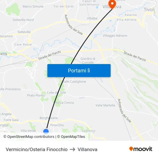 Vermicino/Osteria Finocchio to Villanova map