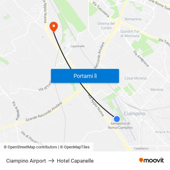 Ciampino Airport to Hotel Capanelle map
