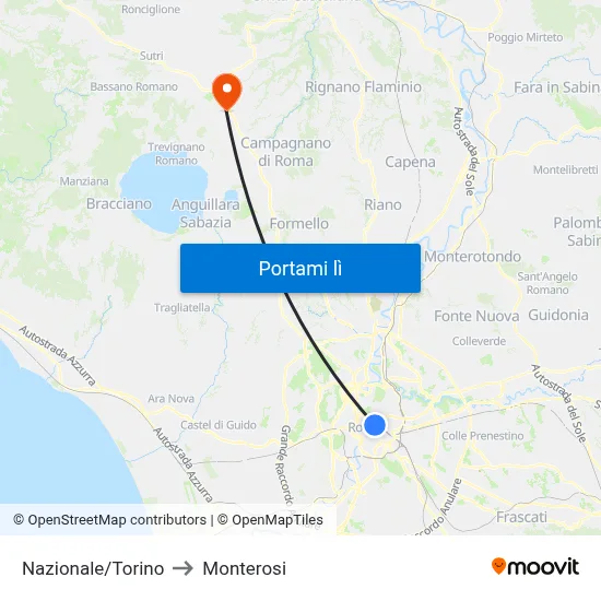 Nazionale/Torino to Monterosi map