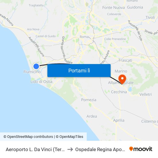 Aeroporto L. Da Vinci (Terminal T2) to Ospedale Regina Apostolorum map