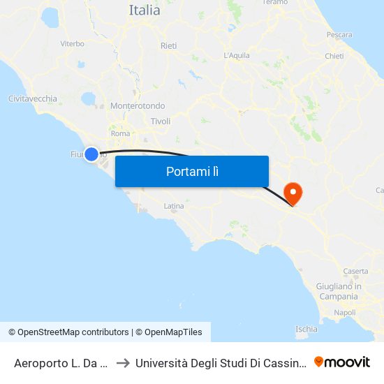 Aeroporto L. Da Vinci (Terminal T2) to Università Degli Studi Di Cassino - Facoltà Di Lettere E Filosofia map