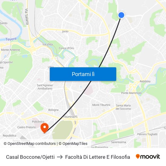 Casal Boccone/Ojetti to Facoltà Di Lettere E Filosofia map